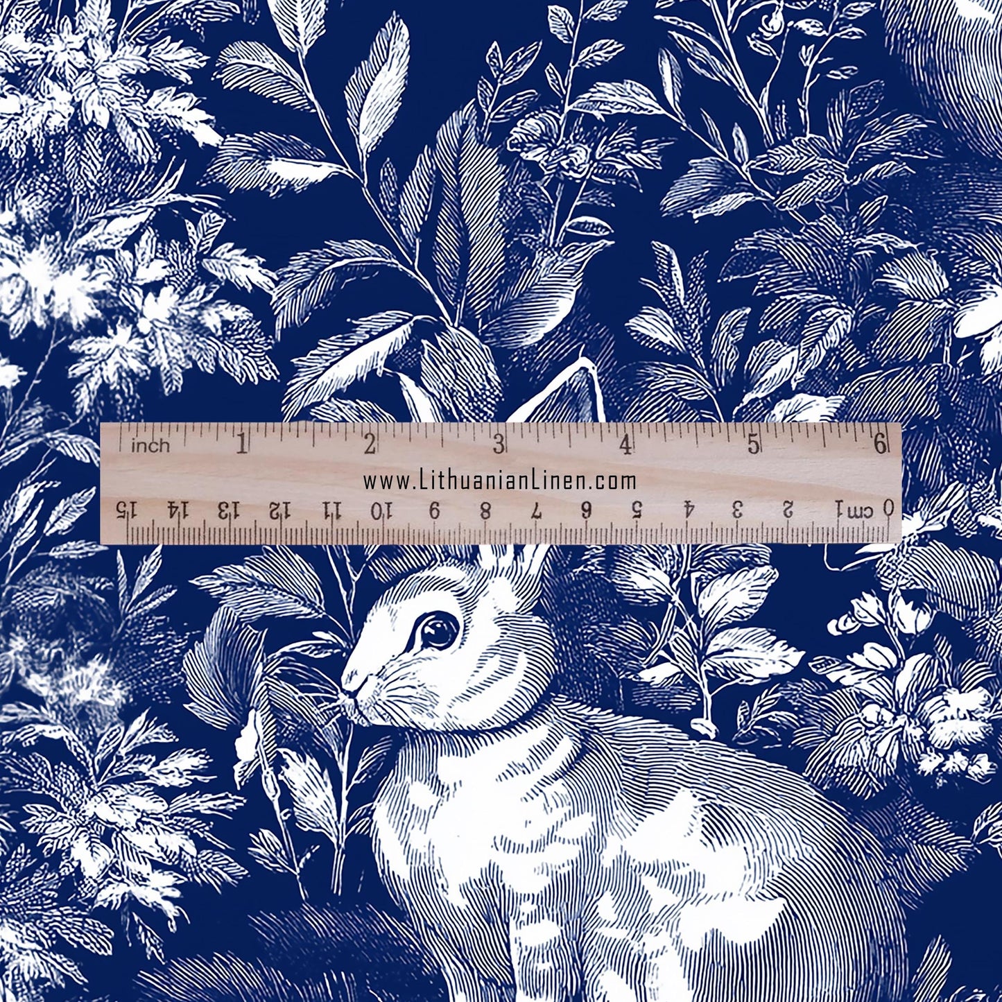 100% LINEN Fabric Toile de Jouy Rabbit - indigo blue botanical fabric - French linen floral for upholstery dress making cushion curtains