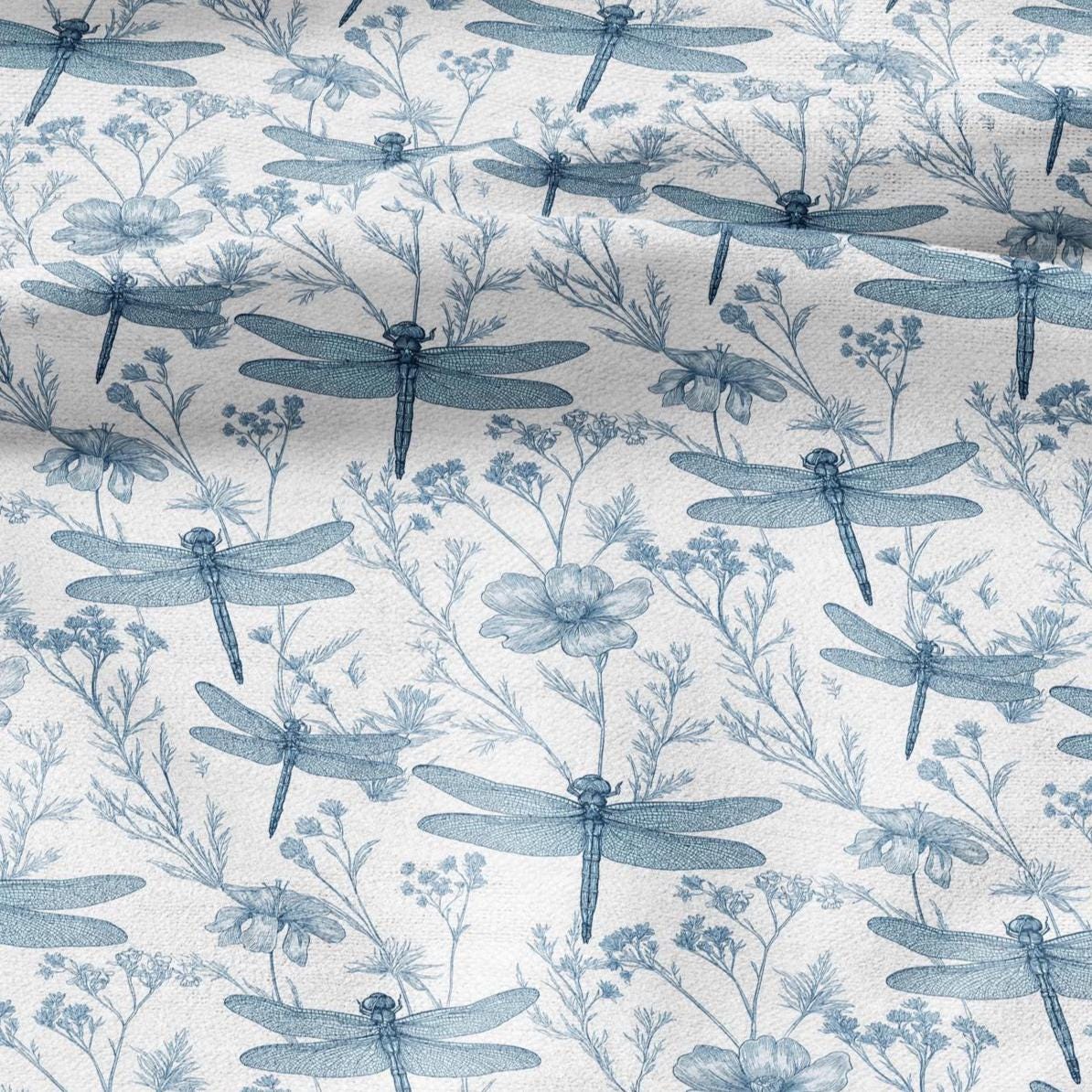 100% LINEN Fabric Dragonfly blue print  - floral upholstery home textile artisan fabrics blue white 3130