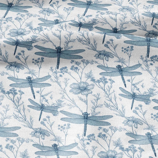 100% LINEN Fabric Dragonfly blue print  - floral upholstery home textile artisan fabrics blue white 3130
