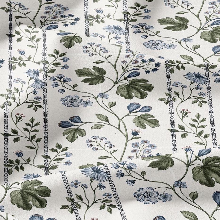 100% LINEN Fabric with floral field print - botanical preppy stripe print - linen fabric upholstery home decor dressmaking 3746