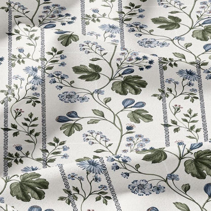 100% LINEN Fabric with floral field print - botanical preppy stripe print - linen fabric upholstery home decor dressmaking 3746