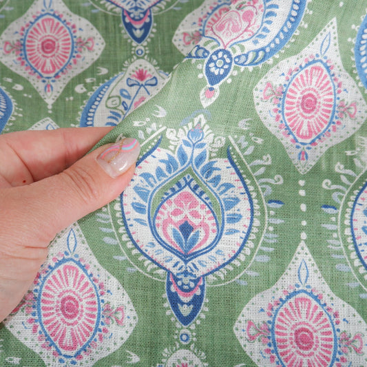 100% linen Vintage Green Paisley Print fabric for Curtain Upholstery Cushion - Vintage Indian block print fabric for dress making sewing