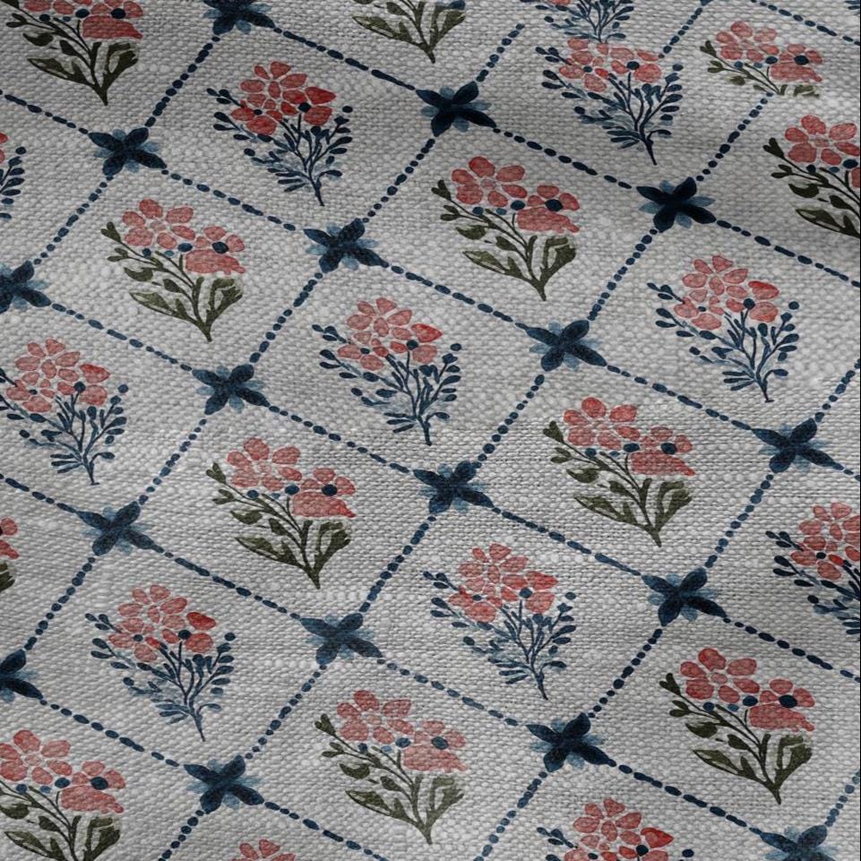 100% LINEN Fabric Rhomb trellis floral geometric print - oatmeal linen fabric botanical - heavy for home decor clothing 3093