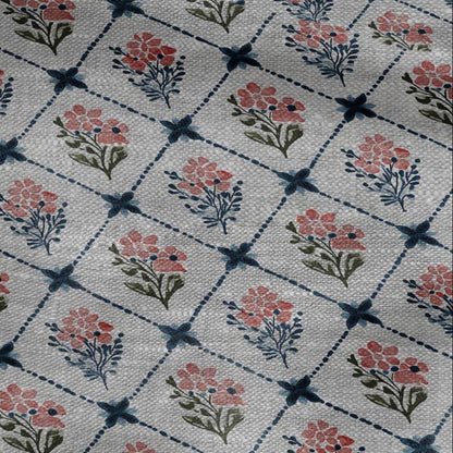 100% LINEN Fabric Rhomb trellis floral geometric print - oatmeal linen fabric botanical - heavy for home decor clothing 3093