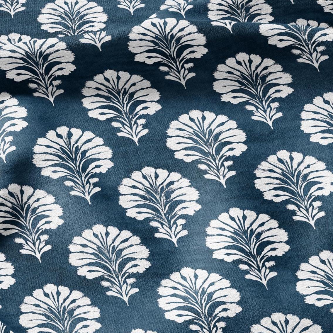 100% LINEN Fabric floral print - indigo blue white stripe block print linen - 2823 - heavy for upholstery home decor - medium for dress making