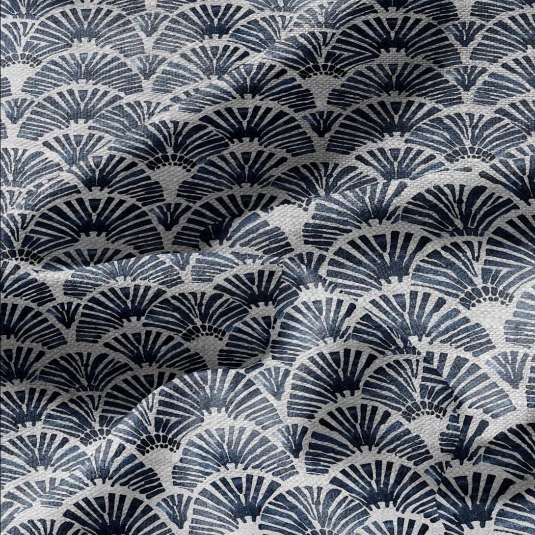 100% LINEN Fabric Block print blue fan - oatmeal linen fabric with japanese print - heavy for home decor clothing 2363