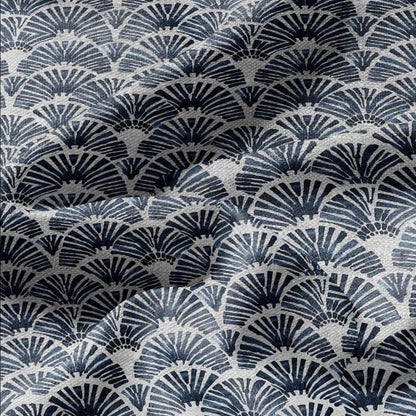 100% LINEN Fabric Block print blue fan - oatmeal linen fabric with japanese print - heavy for home decor clothing 2363