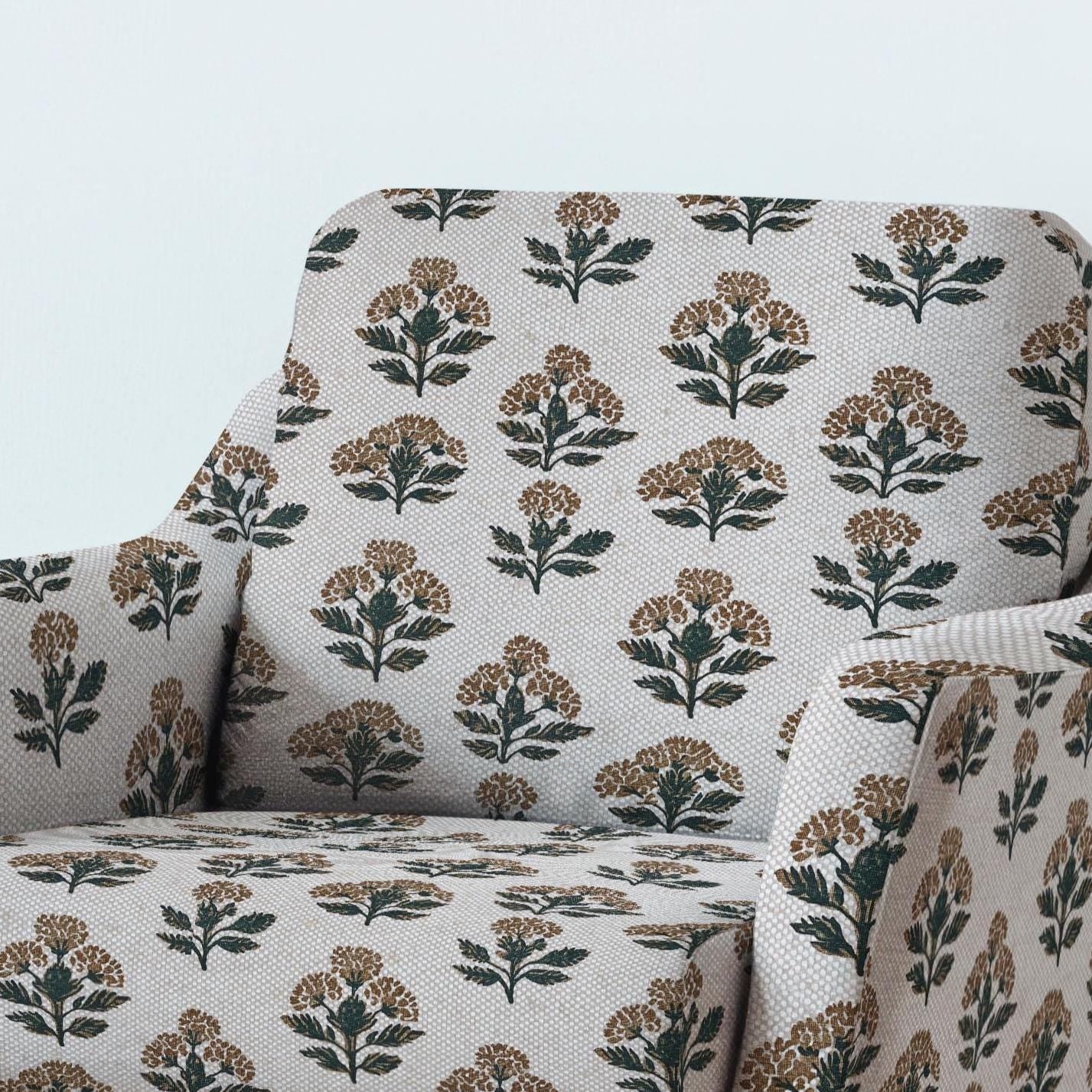 100% LINEN Fabric UPHOLSTERY 12oz - block print flowers - oatmeal with black brown print Achillea - Modern Vintage upholstery 2487