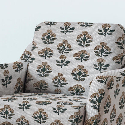 100% LINEN Fabric UPHOLSTERY 12oz - block print flowers - oatmeal with black brown print Achillea - Modern Vintage upholstery 2487