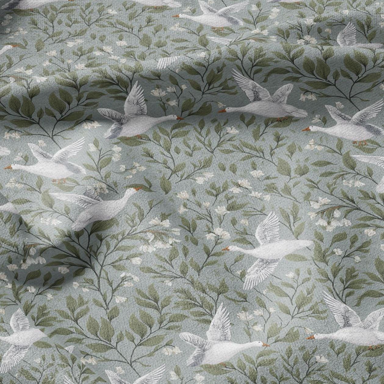 100% LINEN Fabric white goose print - animal linen fabric with bird print for upholstery home decor curtains pillowcases dress making 2973