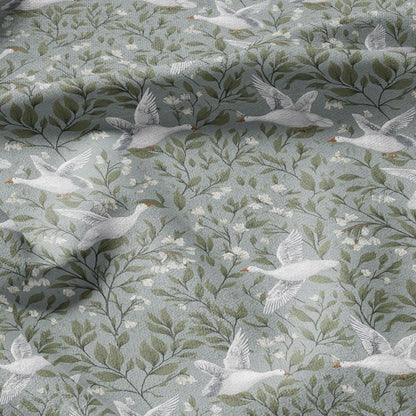 100% LINEN Fabric white goose print - animal linen fabric with bird print for upholstery home decor curtains pillowcases dress making 2973