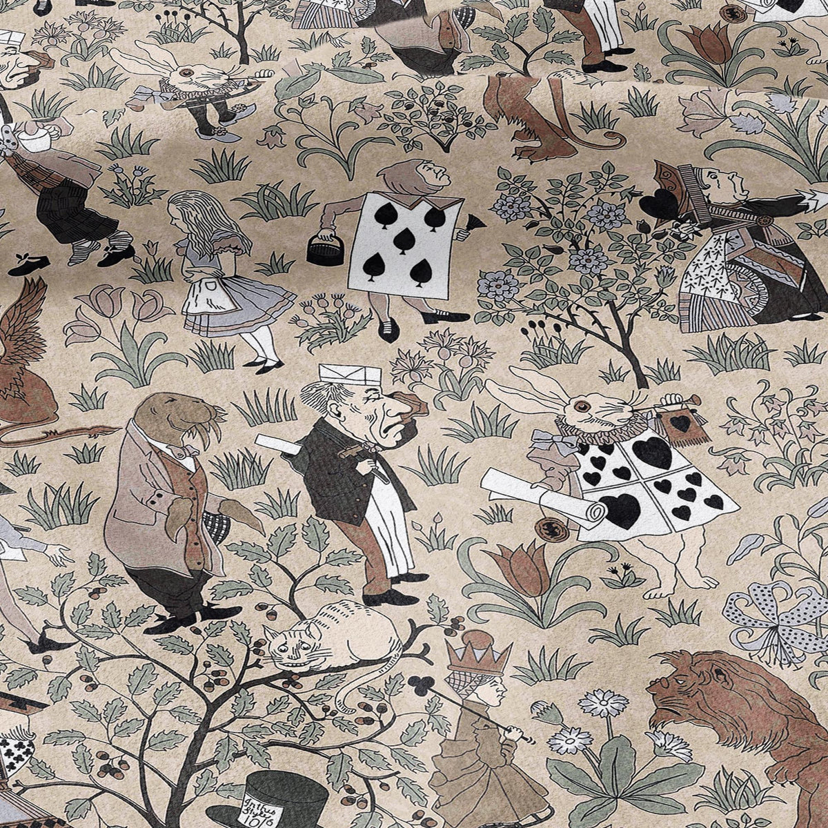 100% linen fabric - Alice in Wonderland beige by Voysey - Victorian Art crafts - Historical pattern for upholstery dress making 3613