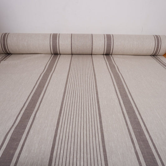 French Natural Linen Fabric with Grey Stripes , 100% linen Classic Textile for Home Decor and Crafts, Not Softened Heavyweight Linen Fabric.