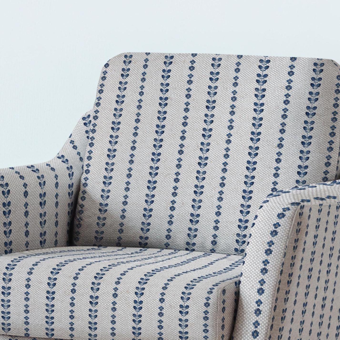 100% LINEN Fabric UPHOLSTERY 12oz - blue stripe block print - oatmeal linen fabric with floral print  - Modern Vintage upholstery 2699