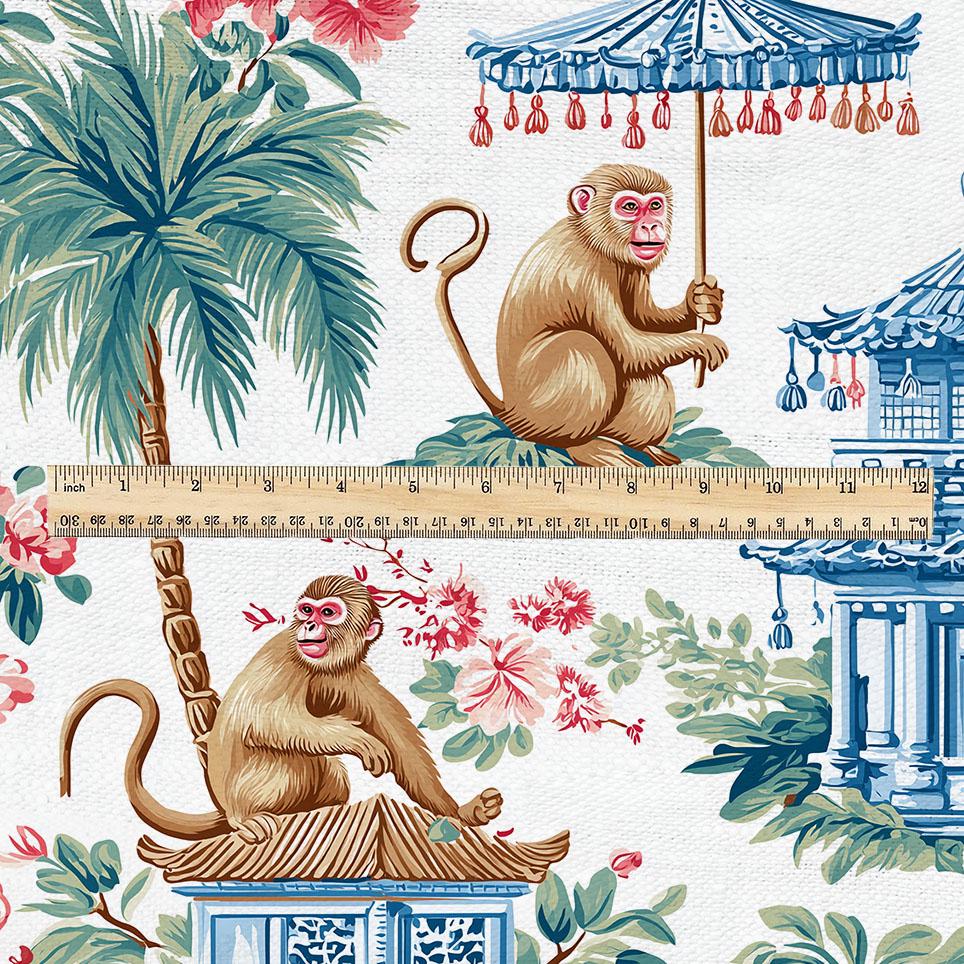 100% linen fabric Monkey with umbrella print - Vintage toile de jouy chinoiserie botanical  - Historical pagoda garden 3338