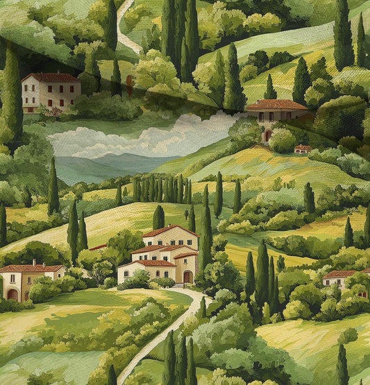 100% LINEN Fabric Italian Tuscany scenery, linen fabric with green print, heavy linen fabric for upholstery home decor tablecloth