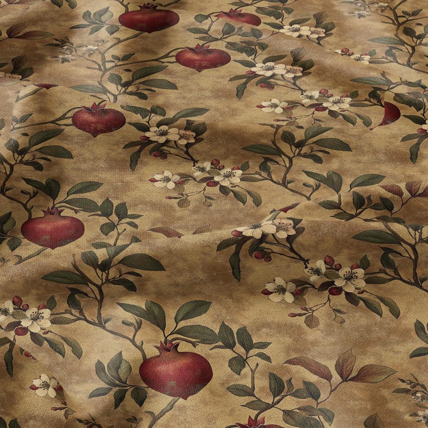 100% LINEN Fabric stripe Pomegranate blossom print linen - floral linen botanical fabric for upholstery home decor dress making