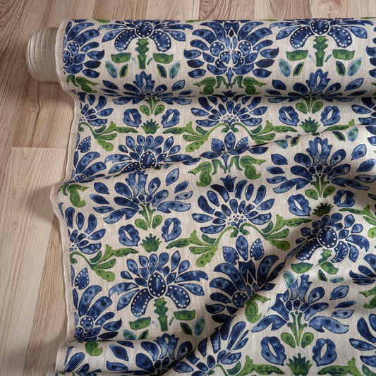 100% LINEN Fabric watercolor pattern on oatmeal natur linen fabric with blue gren print, heavy linen fabric for upholstery home decor