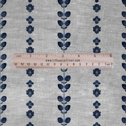 100% LINEN Fabric block print indigo blue Danish flowers  - scandinavian stripe fabric with floral print - block print on linen 2699