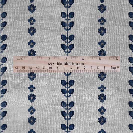 100% LINEN Fabric block print indigo blue Danish flowers  - scandinavian stripe fabric with floral print - block print on linen 2699