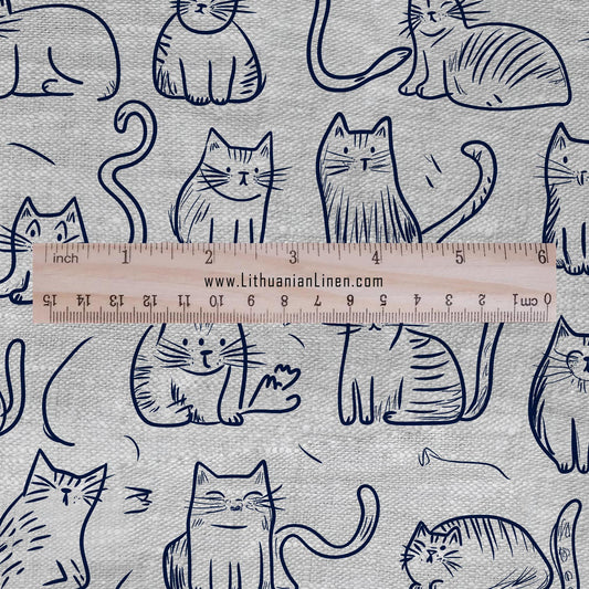 100% LINEN Fabric Cat navy blue gray print - Modern vintage fabric - upholstery home decor sewing clothing 2140