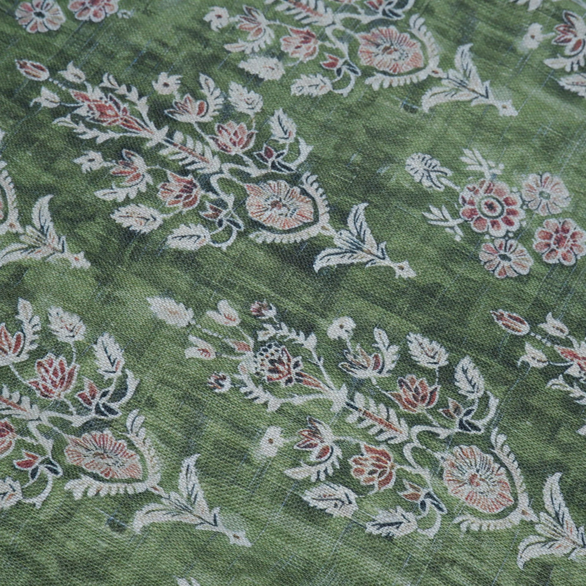 100% LINEN Fabric block print indian green 3658 - oatmeal linen fabric with green floral print decor