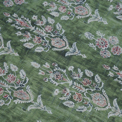 100% LINEN Fabric block print indian green 3658 - oatmeal linen fabric with green floral print decor