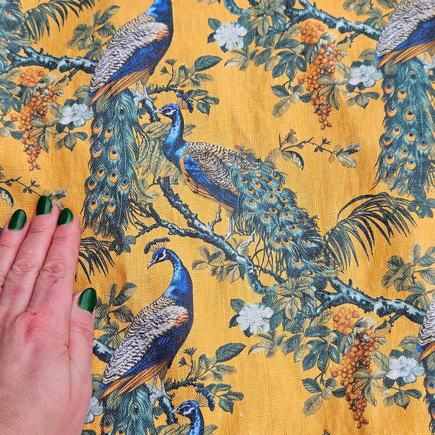 100% LINEN Fabric oriental print with peacock - toile de jouy botanical mustard yellow - upholstery home decor clothing  sewing 316