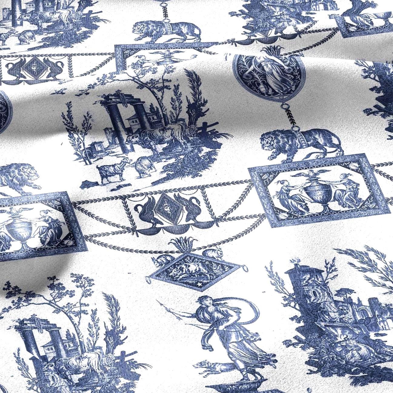 100% LINEN Fabric french blue white print - Goddess Diana with Lion - toile de jouy - Diane chasseresse by Jean-Baptiste Huet 3413