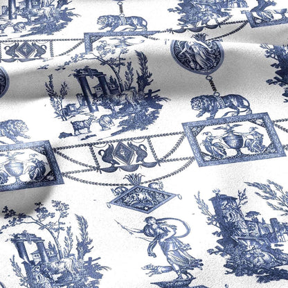 100% LINEN Fabric french blue white print - Goddess Diana with Lion - toile de jouy - Diane chasseresse by Jean-Baptiste Huet 3413