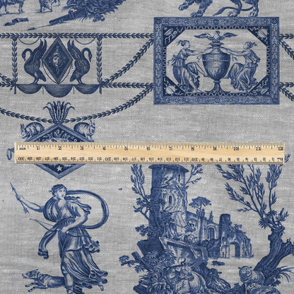 100% LINEN Fabric french blue print oatmeal - Goddess Diana with Lion - toile de jouy - Diane chasseresse by Jean-Baptiste Huet 3413