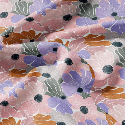 100% linen Retro flower Print fabric for Curtain Upholstery Cushion - Floral preppy pink purple - for dress making sewing 2704