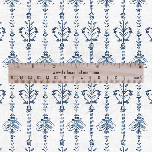 100% LINEN Fabric stripe print blue linen - floral fabric for upholstery home decor dress making 2359