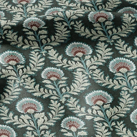 100% LINEN Fabric Modern vintage green flower - botanical floral - heavy linen fabric for upholstery home decor 3105