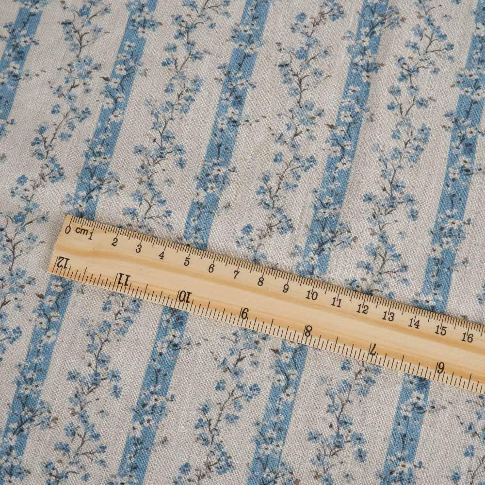 100% LINEN Fabric floral stripe block print on oatmeal linen - blue gray heavy fabric for upholstery - medium weight linen dress making 2502