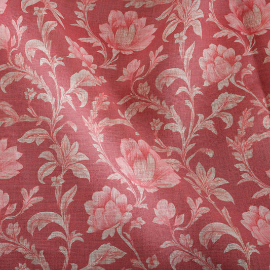 100% LINEN Fabric red floral print on linen, botanical print fabric for upholstery home decor curtains pillows cushions