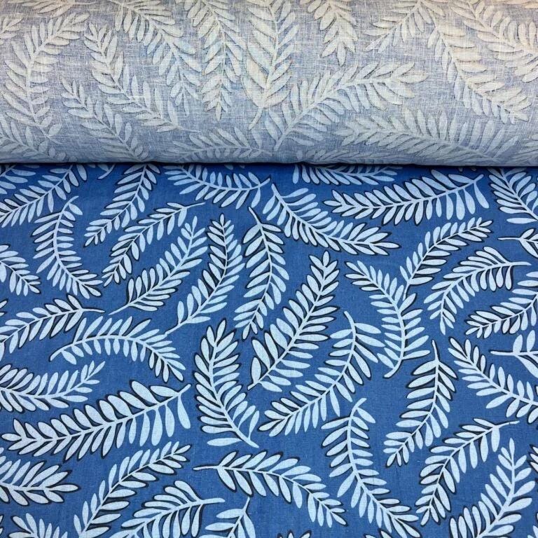 Premium Laundered Linen with blue print | 100% LINEN | Midweight linen fabric with blue floral print for dresses clothing home textile