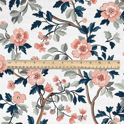 100% LINEN Fabric pink Roses Gulab flower print - botanical upholstery home textile artisan fabrics pink green white 2750