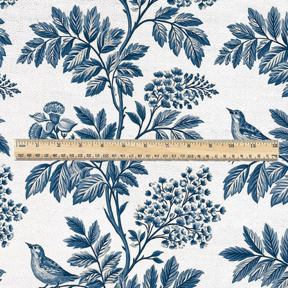100% linen fabric blue white tree print - Vintage floral botanical modern Victorian 3389
