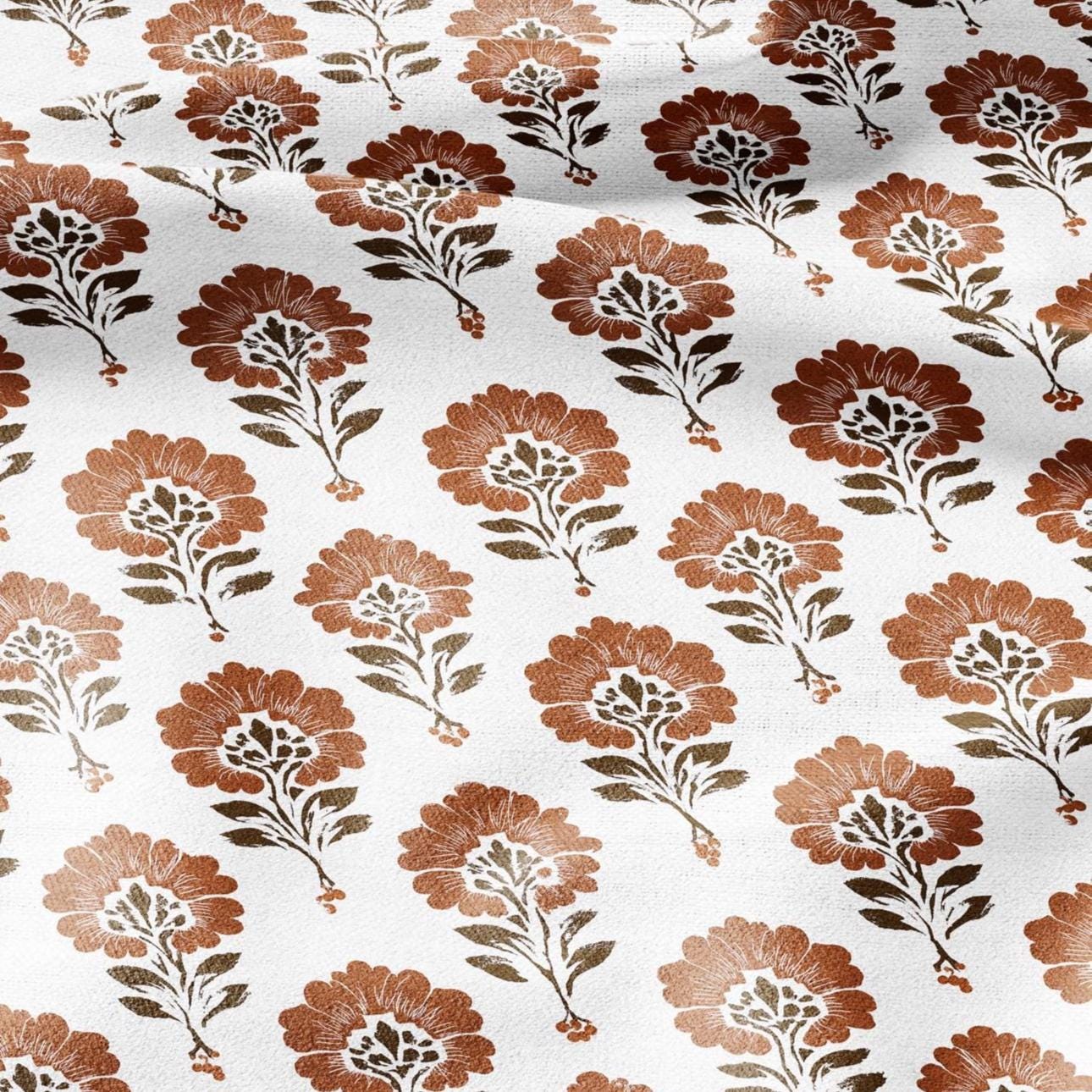 100% LINEN Fabric floral print - brown white flower block print linen heavy for upholstery home decor - medium for dress making 2827