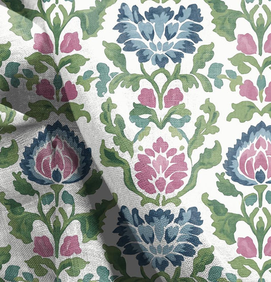 100% LINEN Fabric floral print on linen, Botanical fabric with large flowers in pink blue green for upholstery curtains home textile 2646