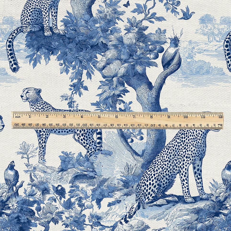 100% linen fabric Leopard print - Vintage toile de jouy blue botanical  - Historical pattern upholstery dress making 3343