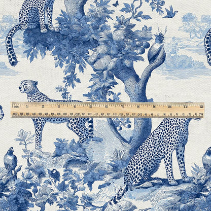 100% linen fabric Leopard print - Vintage toile de jouy blue botanical  - Historical pattern upholstery dress making 3343