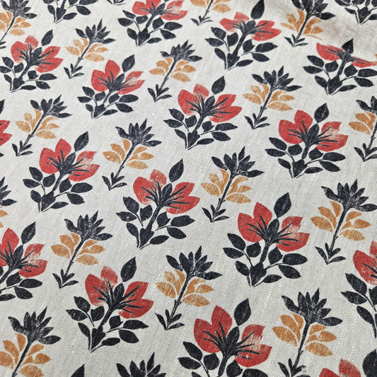 100% LINEN Fabric block print black red on grey | oatmeal linen fabric with floral print | linen fabric for upholstery home decor  2002