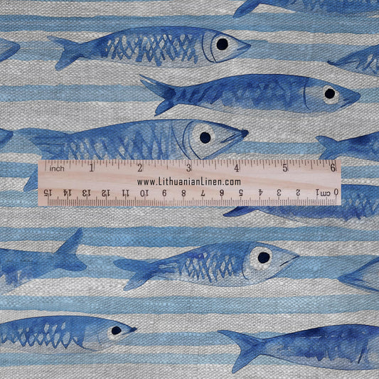 100% LINEN fabric sardines print - Fish in sea print linen Fabric - blue stripe Linen fabric for dressmaking home textile sewing hobby 2692