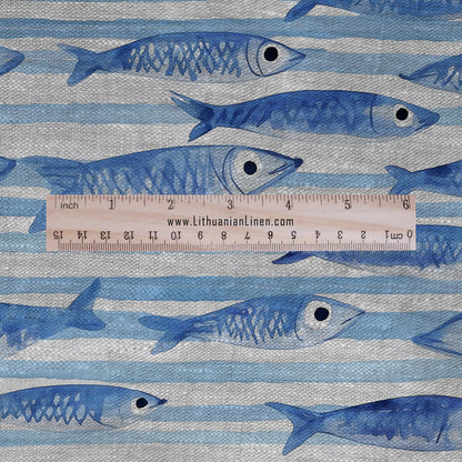 100% LINEN fabric sardines print - Fish in sea print linen Fabric - blue stripe Linen fabric for dressmaking home textile sewing hobby 2692