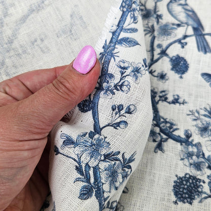 100% LINEN Fabric Toile de Jouy , white botanical fabric with blue indigo print, French linen floral Birds  and butterflies