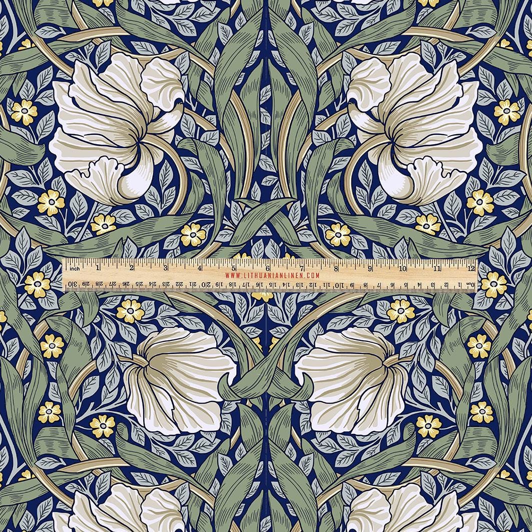 100% LINEN Fabric UPHOLSTERY 12oz - William Morris Pimpernel green print on linen - Victorian art craft - floral upholstery 201G