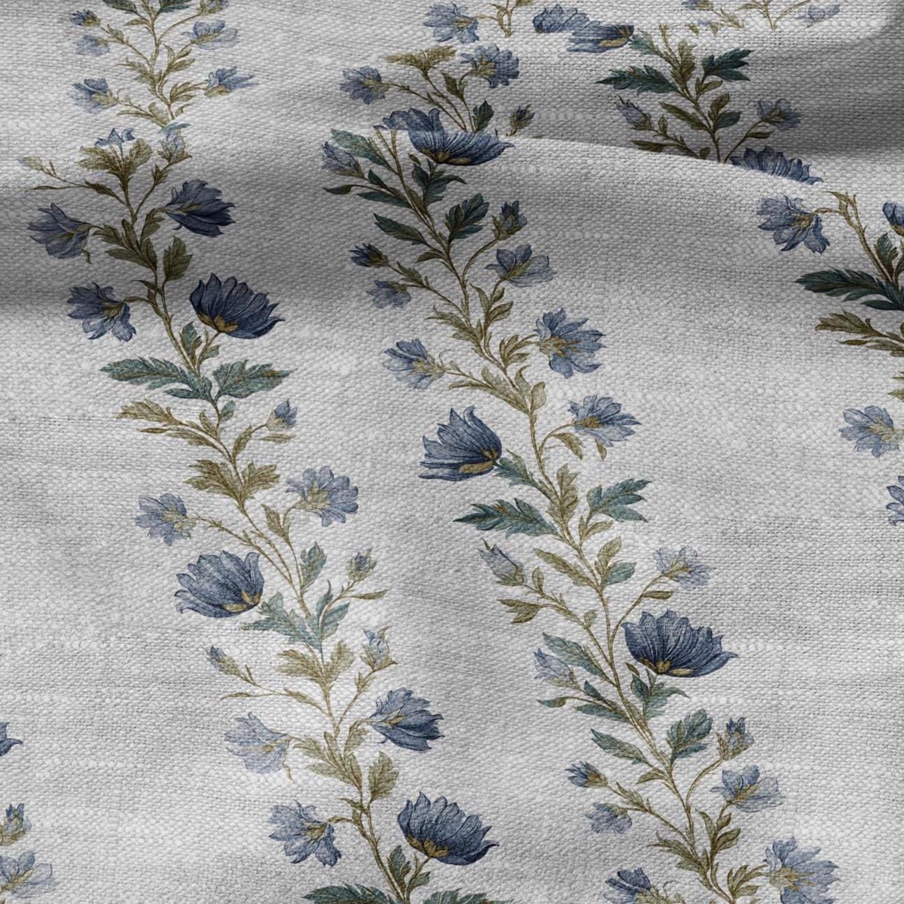 100% LINEN Fabric block print stripe floral blue green on grey - oatmeal linen fabric with botanical print for upholstery home decor 2915