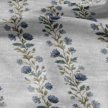 100% LINEN Fabric block print stripe floral blue green on grey - oatmeal linen fabric with botanical print for upholstery home decor 2915